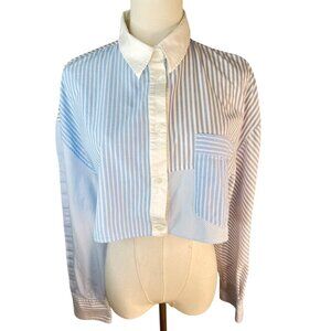 2/$30 ZARA M Cropped Blue & White Striped Cotton Button-Up Shirt Collared Neck